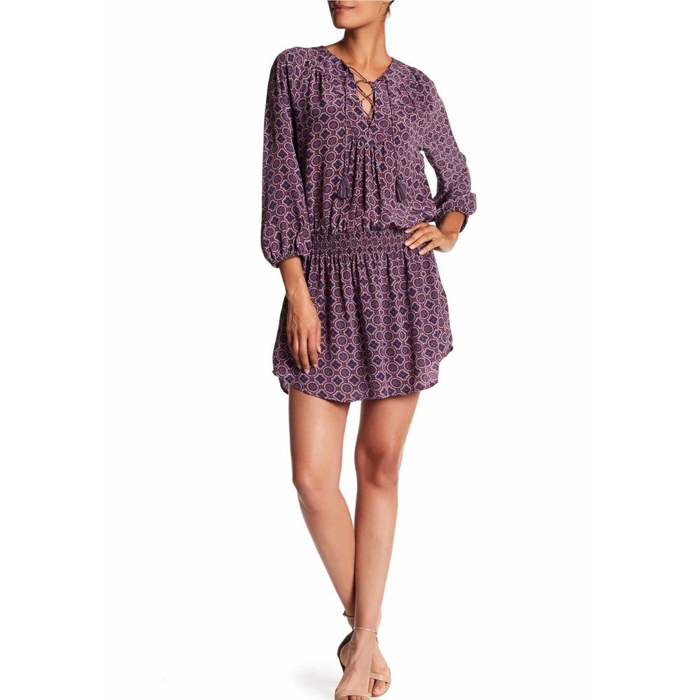 Joie 3/4 Sleeve Print Smocked Waist Silk Dress